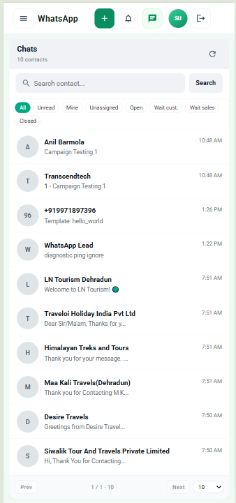 Shared WhatsApp inbox with filters and contacts