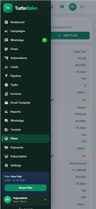 TurboSales navigation menu with plans and settings